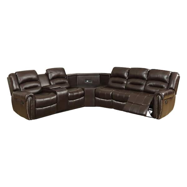 Bemiddelaar modder verwijderen Amelia 4-Piece Brown Faux Leather L-Shaped Left-Facing Motion Reclining  Sectional Sofa with Storage Consoles 71011BR - The Home Depot