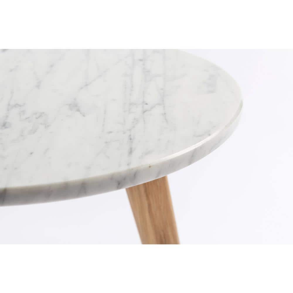 16" Round Italian Carrara White Marble End Table with Oak Finish