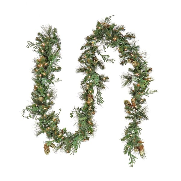 9 ft Pre-Lit Artificial North Conway Garland with Glittery Cones and Eucalyptus, 100 Clear Lights-UL