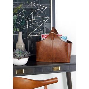 Brown Handmade Box Style Standing Magazine Holder with Detail Stitching and Curved Handles