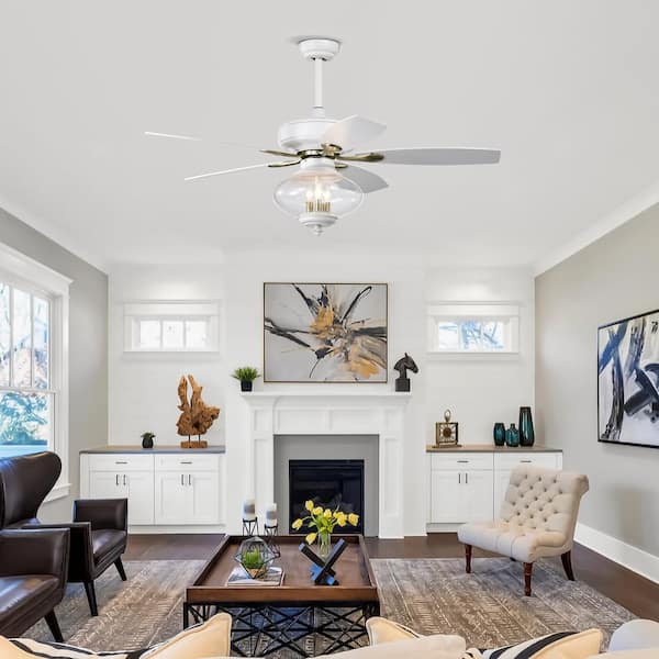 52 in. Indoor White Modern Ceiling Fan with 3 E12 Lamp Holder and Remote Control