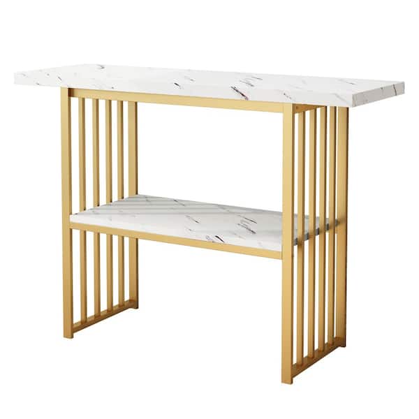 Karl home 42.13 in. White and Gold Rectangle Marble Grain MDF Console Table with Shelf