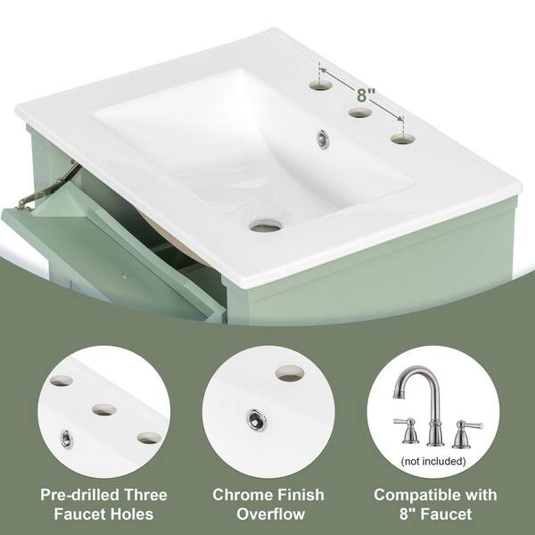 JUJABU 24 in. Freestanding Green Bath Vanity with White Ceramic