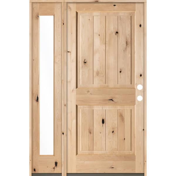 Krosswood Doors 56 in. x 80 in. Rustic Knotty Alder 2 Panel Left-Hand/Inswing Clear Glass Unstained Wood Prehung Front Door w/Sidelite
