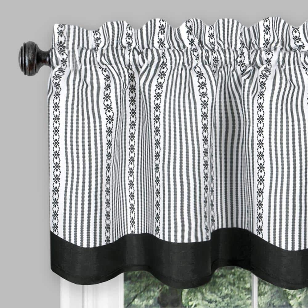 Black and White Polyester Rod Pocket Tier Curtains with Valance