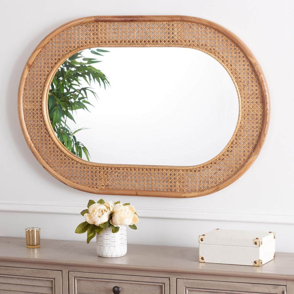 Cayce Natural Elm Wood Oval Wall Mirror with Woven Detail