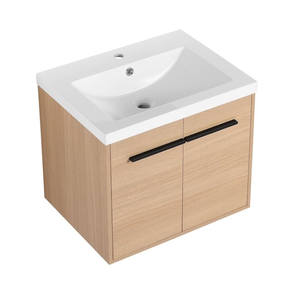 Adrinfly 23.63 in. W x 18.13 in. D x 20.50 in. H Floating Oak Finish Bath Vanity with White Resin Top & 2-Door Cabinet Sink