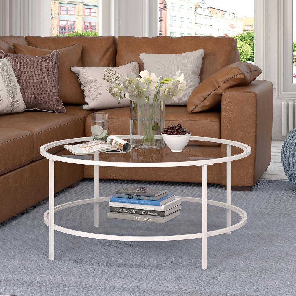 White Round Glass Coffee Table with Shelf