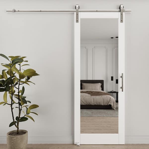 32 in. x 84 in. 1-Lite Mirrored Glass White Primed MDF Sliding Barn Door with Hardware Kit Nickel Plated