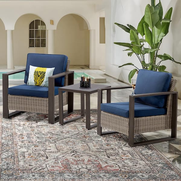 Gardenbee 3-Piece Wicker Outdoor Lounge Chairs Patio Conversation Set with Metal Frame and Dark Blue Cushions