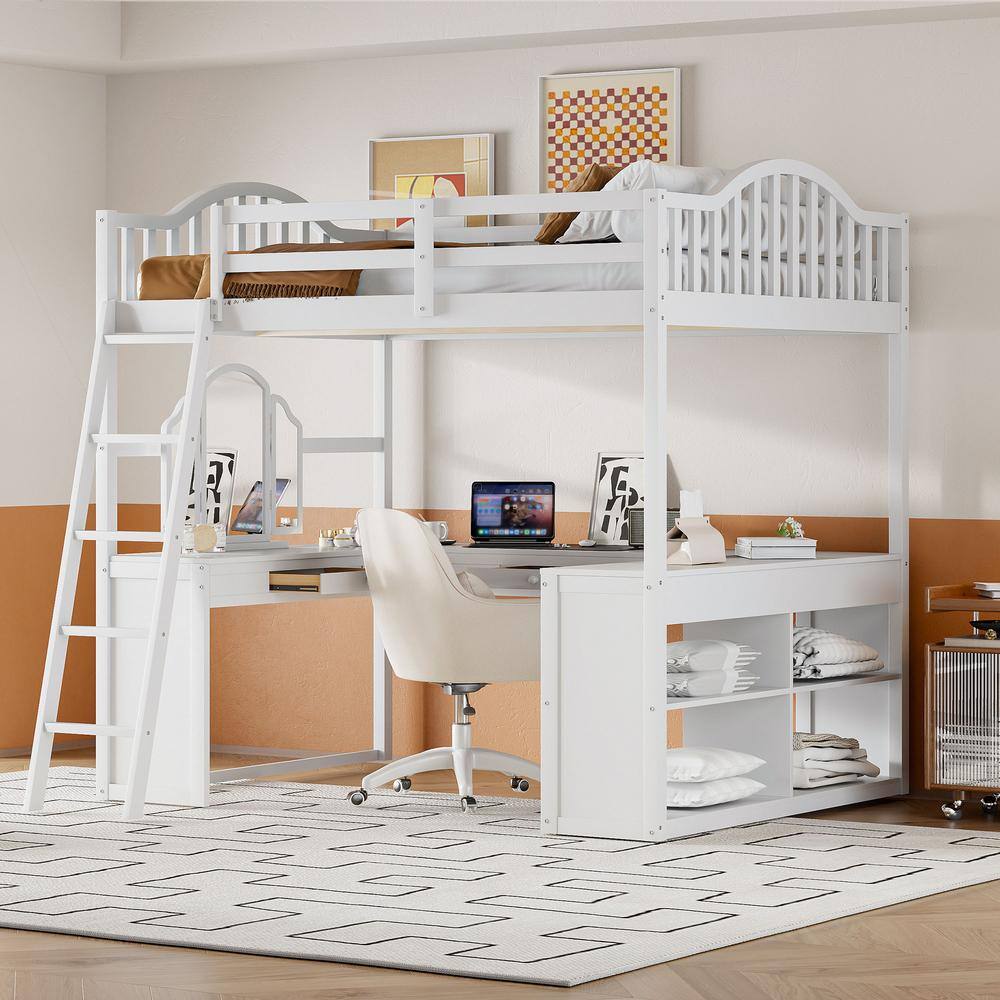 White Full Wooden Loft Bed with Tri-Fold Mirror, U-Shaped Desk and Drawer price history on PriceWatchPro