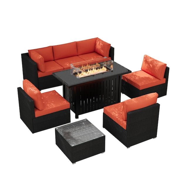 Tenleaf 8-Piece Black Wicker Patio Conversation Set with Orange Cushions, 43 in. Propane Fire Table, Lid, Glass Wind Guard