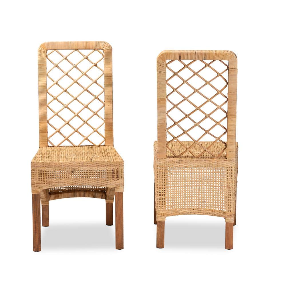 Natural Brown Mahogany Wood and Cane Dining Chair Set
