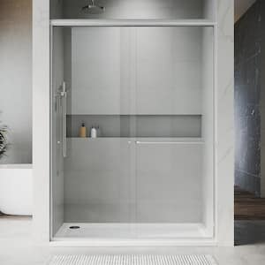 UKD07 56 to 60 in. W x 72 in. H Double Sliding Semi-Frameless Shower Door in Brushed Nickel, 1/4 in. SGCC Clear Glass