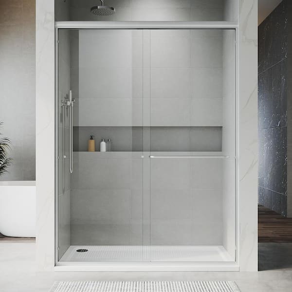 UNIKOO UKD07 56 to 60 in. W x 72 in. H Double Sliding Semi-Frameless Shower Door in Brushed Nickel, 1/4 in. SGCC Clear Glass