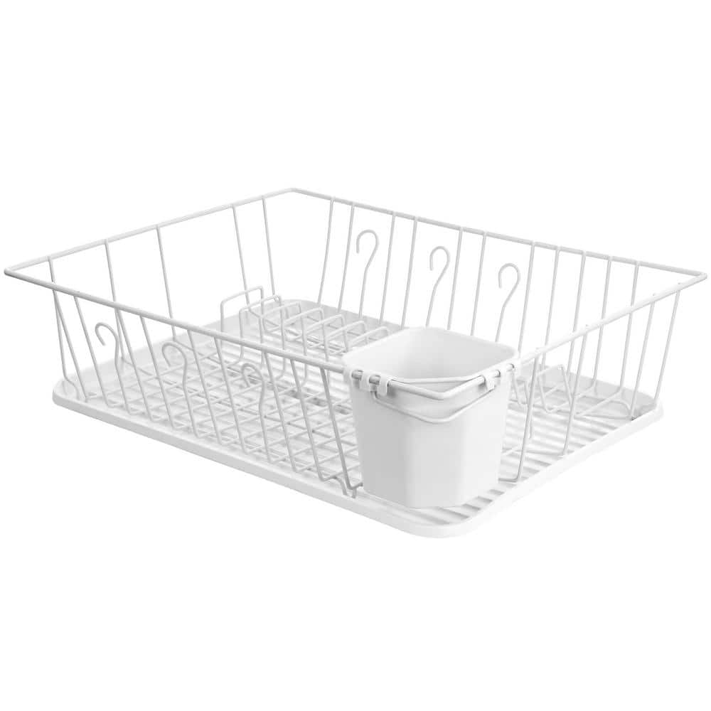 Small Vinyl Coated Wire Dish Rack with Utensil Holder, White