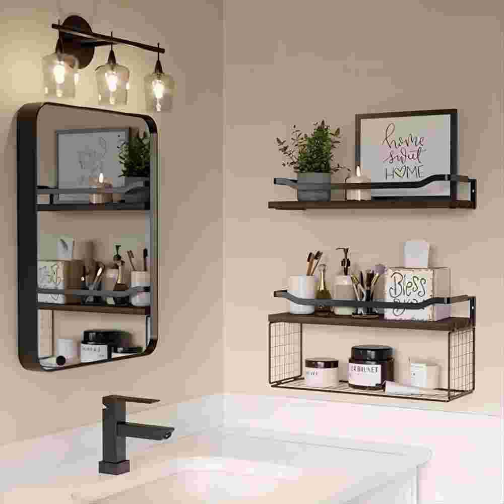 Dark Brown Wall-Mounted Floating Shelves with Metal Guardrail and Wire Basket