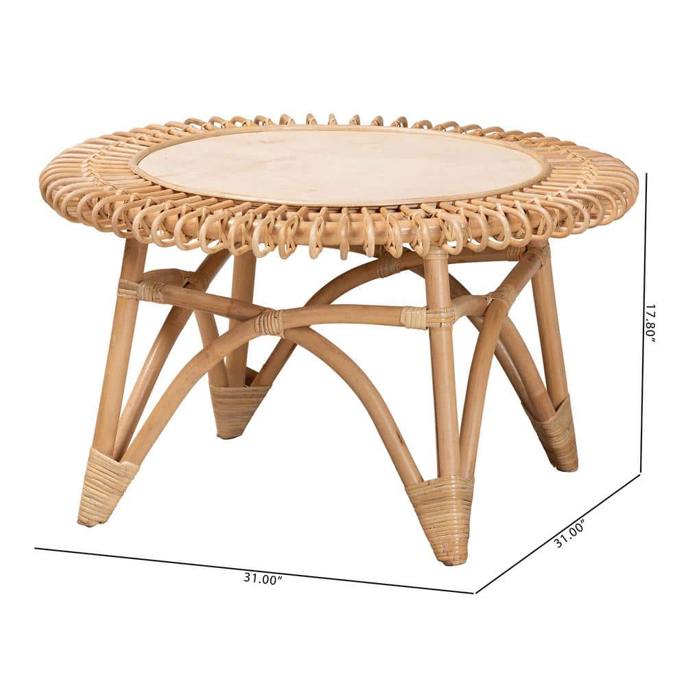 Elani 31" Natural Brown Round Rattan and Wood Coffee Table