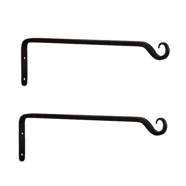 Set of 2 Straight Up Curled Wall Iron Bracket Hooks, 15 in. Long, Black Powder Coat Finish