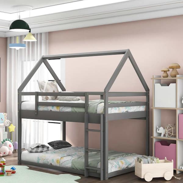 Polibi Gray Twin Over Twin Low Bunk Bed, House Bed with Ladder