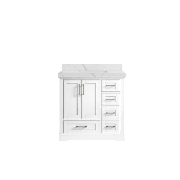Willow Collections Boston 36 in. W x 22 in. D x 36 in. H Single Sink Bath Vanity Center in White with 2" Calacatta Quartz Top