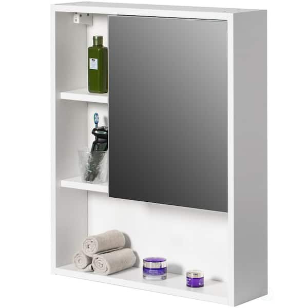 Basicwise Wall Mount Bathroom Mirrored Storage Cabinet with Open Shelf, 2 Adjustable Shelves Medicine Organizer Furniture, White