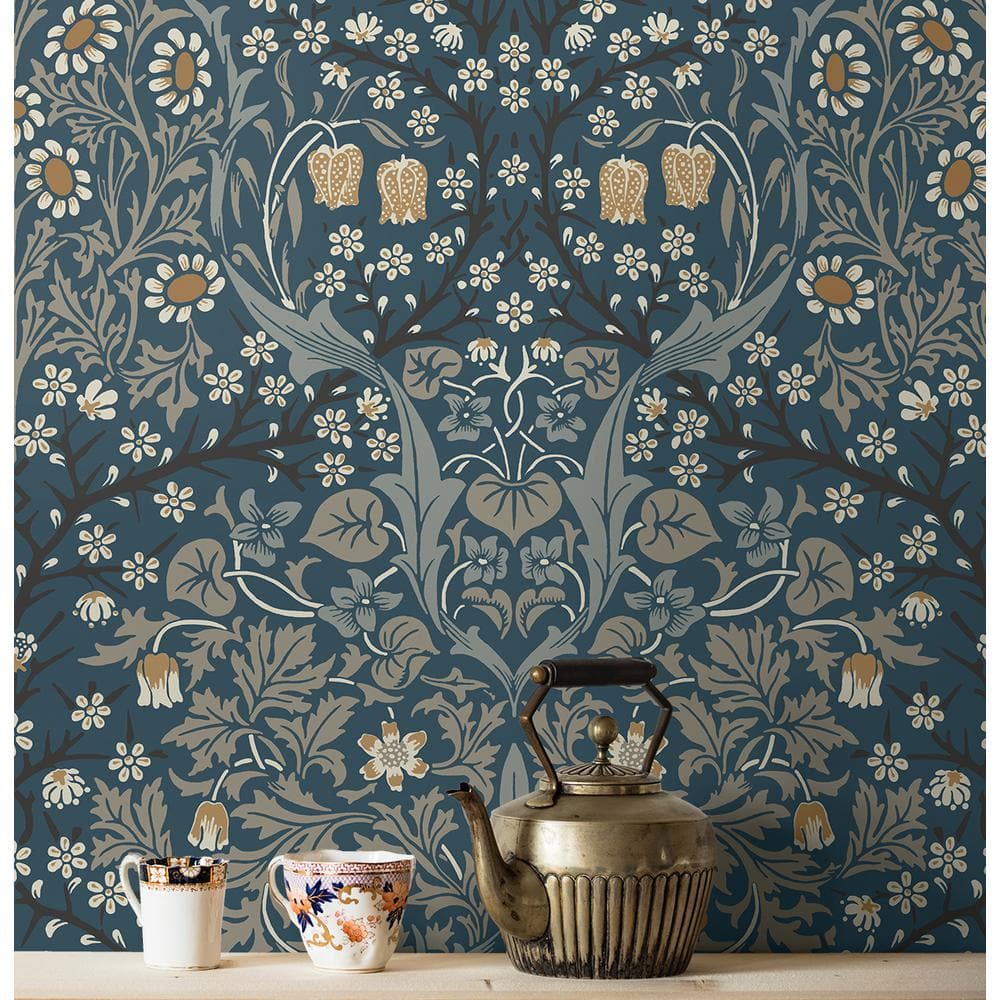 Aegean Blue and Warm Stone Victorian Garden Floral Pre-Pasted Wallpaper
