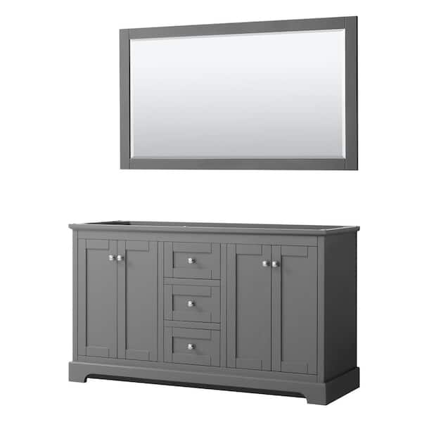 Wyndham Collection Avery 59.25 in. W x 21.75 in. D x 34.25 in. H Double Bath Vanity Cabinet without Top in Dark Gray with 58 in. Mirror