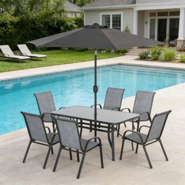 8 pc metal glass top patio table set with umbrella 8-Piece Metal Outdoor Dining Table and Chairs Set, Patio Furniture Set with  Umbrella, Tempered Glass Tabletop, 6 Chairs io-0924