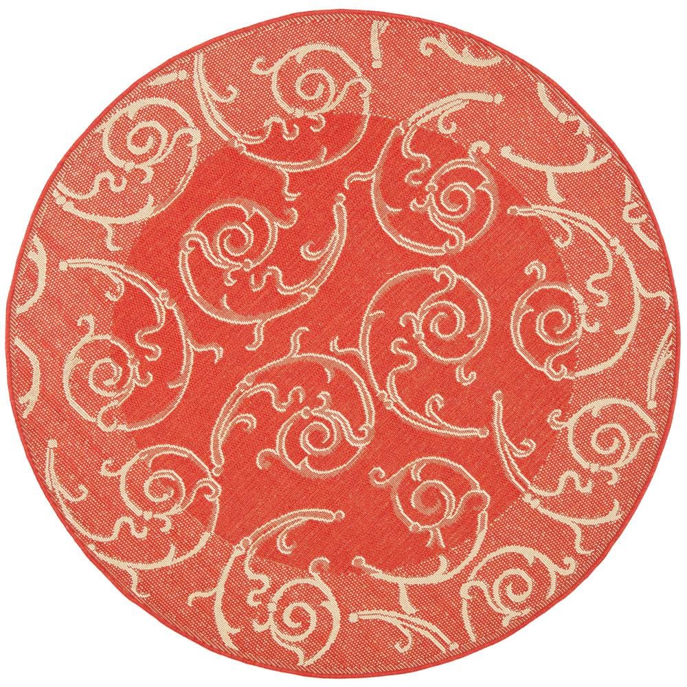 Vibrant Red Floral Vine Scroll 6'7" Round Indoor/Outdoor Rug