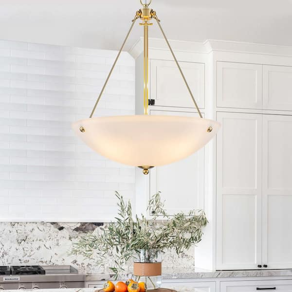 MENCOLULU 19.69 in. 4-Light Modern Farmhouse Gold Metal Bowl Island Pendant Light with White Glass Shade for Kitchen