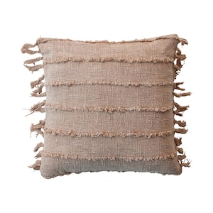 Beige Stonewashed Woven Cotton Throw Pillow with Pom Pom Trim and Fringe