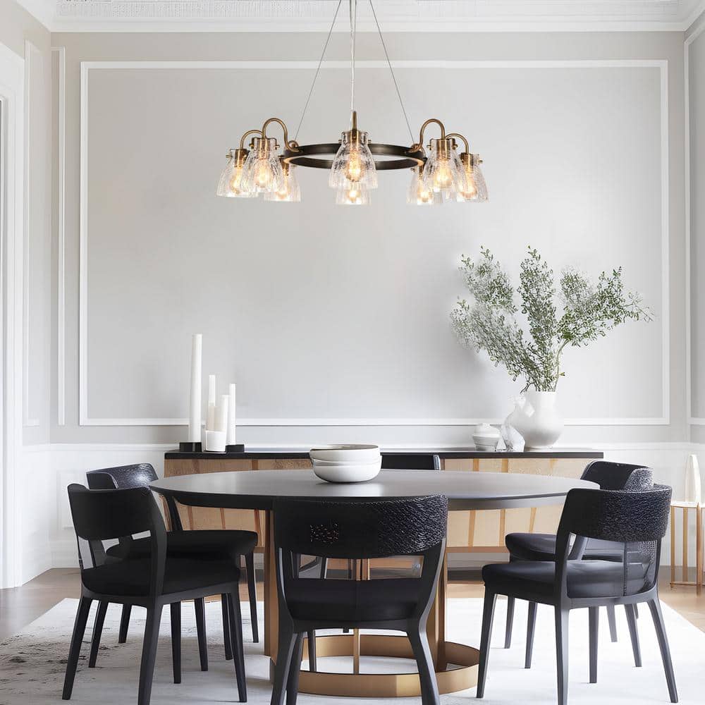 Modern Black and Gold 8-Light Crackled Glass Chandelier