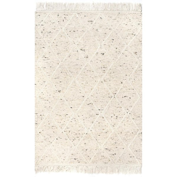 nuLOOM Brooklyn Textured Trellis Wool Fringe Beige 6 ft. x 9 ft. Area Rug