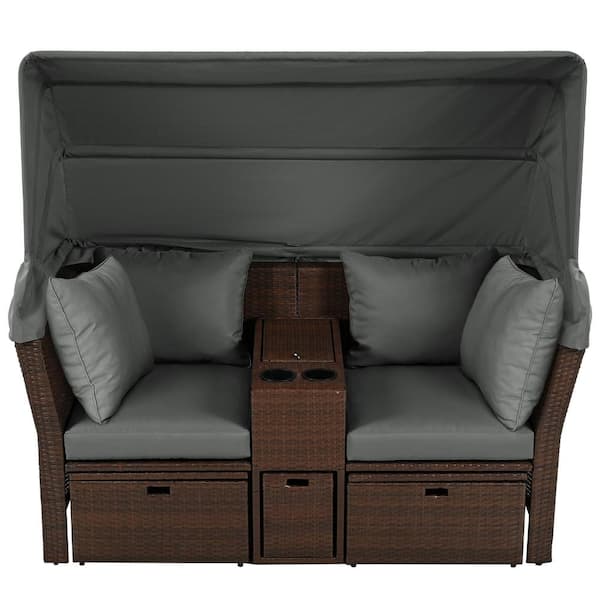 Unbranded Wicker Outdoor Day Bed with Foldable Awning and Grey Cushions for Garden