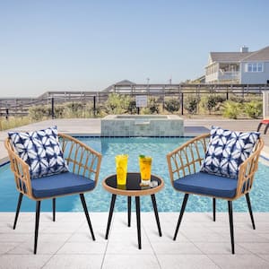 Brown 3-Piece Wicker PE Rattan Outdoor Bistro Set with Blue Cushion with Coffee Table with Glass Top