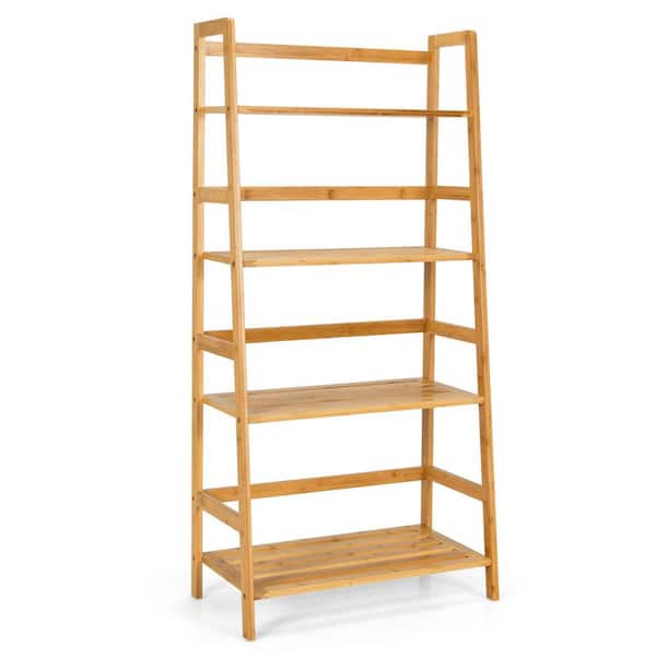 Gymax 48 in. H Brown 4-Tier Bookshelf Bamboo Ladder Shelf Bathroom Shelves Storage Plant Stand Rack