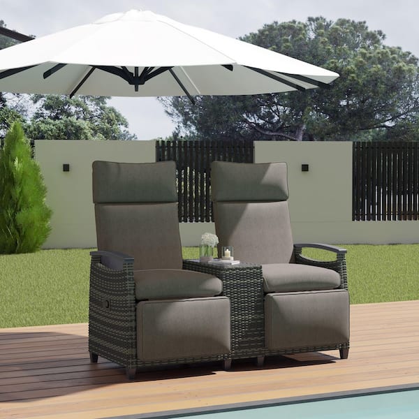 HomeAura Adjustable Backrest Wicker Outdoor Lounge Chair Set with Built-in Storage and Brown Cushion