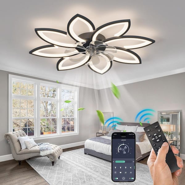 36.22 in. Indoor Black Modern Flower Low Profile Standard Ceiling Fan with Dimmable Integrated LED and Remote Included