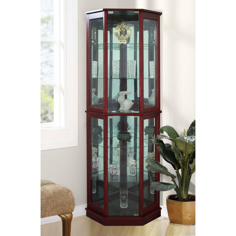 Cherry Lighted Corner Curio Cabinet with Glass Shelves