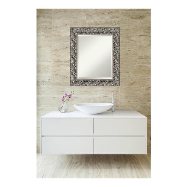 Amanti Art Silver Luxor 21.5 in. x 25.5 in. Beveled Rectangle Wood Framed Bathroom Wall Mirror in Silver