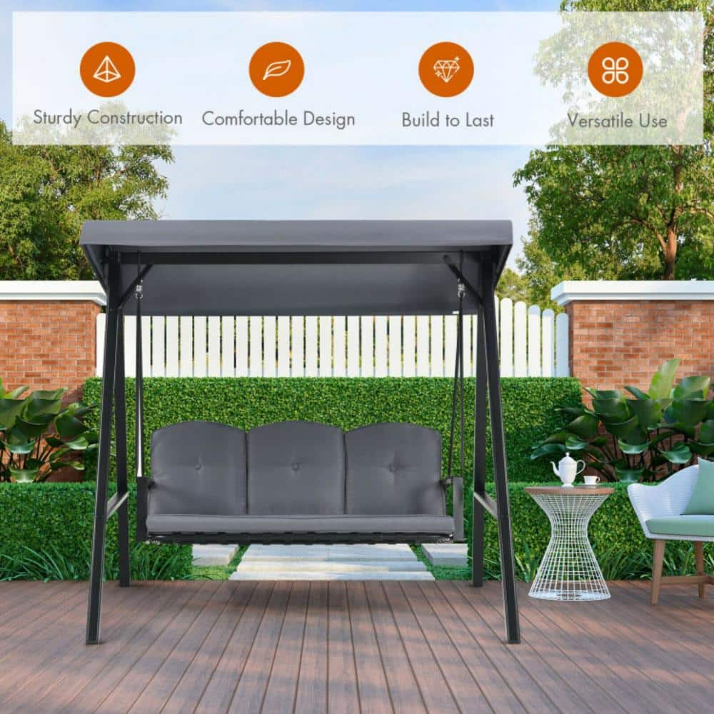 Gray Steel 3-Seat Outdoor Porch Swing with Adjustable Canopy