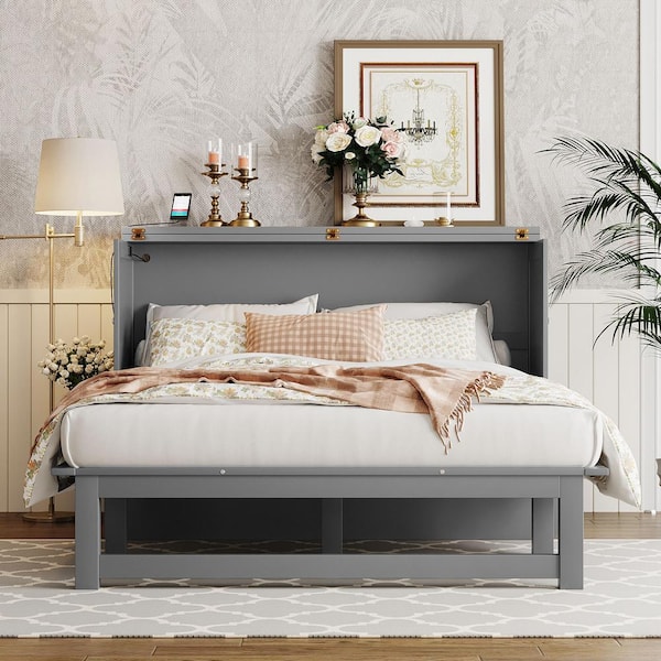 Gray Wood Frame Queen Size Murphy Bed with USB Port and Removable Shelves on Each Side
