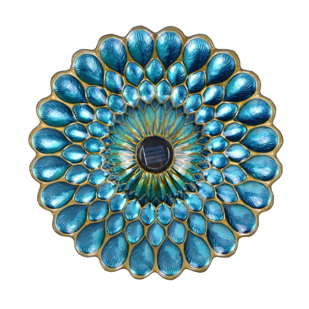 Blue 18" Solar Glass Flower Mosaic Birdbath with Metal Stand