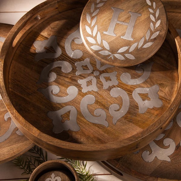 Unbranded Wood/Metal 20 in. Round Brown Tray