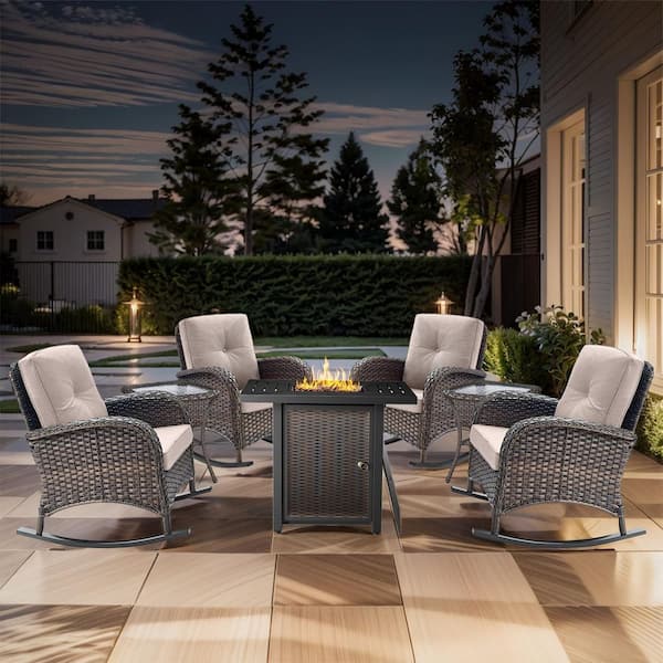 Gymojoy Carlos 7-Piece Wicker Patio Rectangle Fire Pit Conversation Set with Beige Cushions, Armchairs and Side Table
