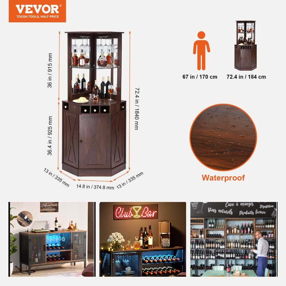 Black Walnut Corner Industrial Bar Cabinet with Glass Holder