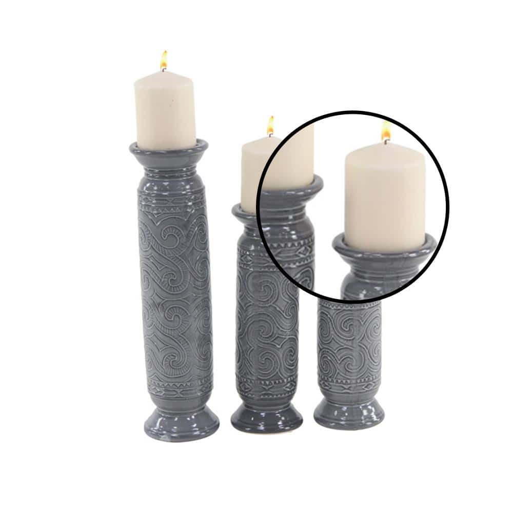 Elegant Scrollwork 9"-15" Gray Ceramic Candlestick Trio