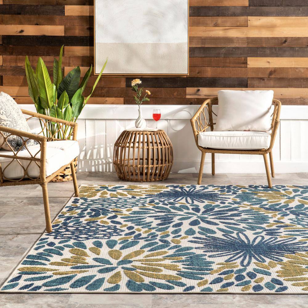 Teal and Olive Green Floral Synthetic 8' x 10' Area Rug