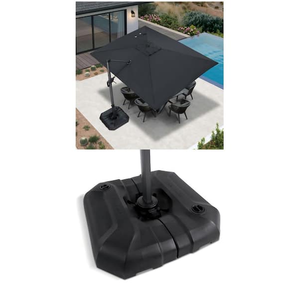 9 ft. x 11.5 ft. Black Cantilever Umbrella with 360° Rotation and Square Base Combo